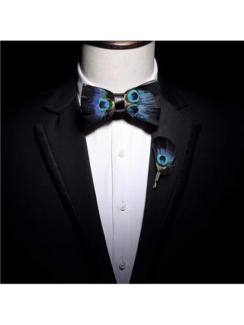 Men's Natural Feather Pre-Tied Bow tie & Lapel Pin